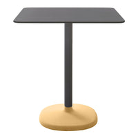 Black square tabletop with a sleek gray pole and a round yellow base, creating a modern minimalist look.