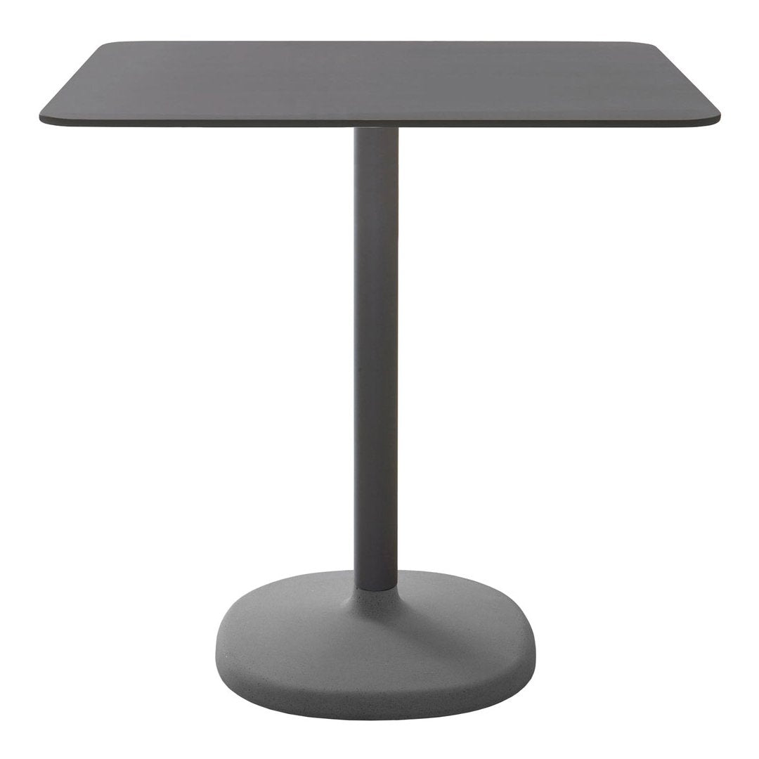 Gray square table with a simple, modern design, featuring a smooth top and a round base in a matching shade.