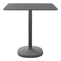 Gray square table with a simple, modern design, featuring a smooth top and a round base in a matching shade.