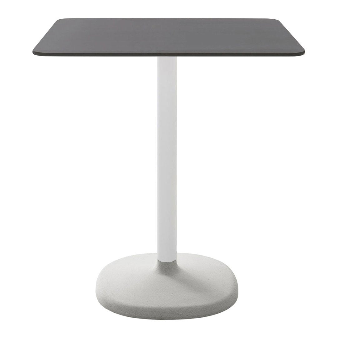 Modern square table with a sleek dark gray top and a contrasting light gray base. Stylish and minimalistic design.