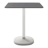 Modern square table with a sleek dark gray top and a contrasting light gray base. Stylish and minimalistic design.