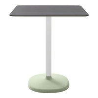 Gray square tabletop with a white post and mint green base, modern minimalist design.