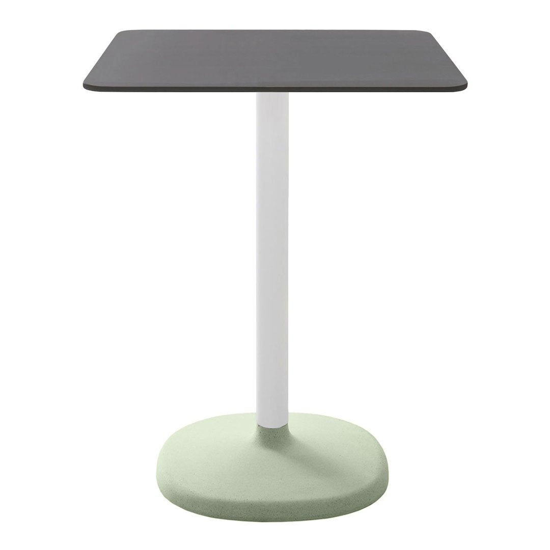 Stylish square table featuring a dark gray top and a mint green base with a sleek white pole. Perfect for modern spaces.