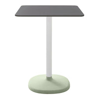 Stylish square table featuring a dark gray top and a mint green base with a sleek white pole. Perfect for modern spaces.