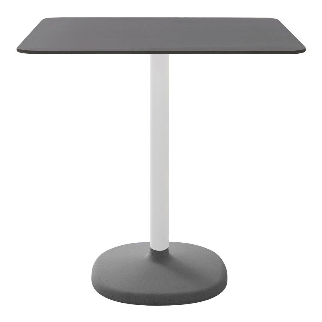 Gray rectangular tabletop with a sleek white pole and round gray base. Modern and minimalist design for contemporary spaces.