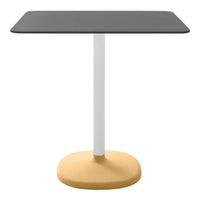 Modern square table with a dark gray top, white pole, and a round yellow base, perfect for contemporary spaces.