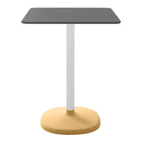 Black square table top with a white pole and a round yellow base, minimalistic modern design.