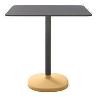 Modern table featuring a sleek black top and a round yellow base, perfect for contemporary spaces.