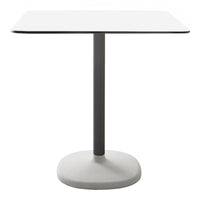Modern square table with a sleek white top and a gray pedestal base, perfect for minimalist decor.