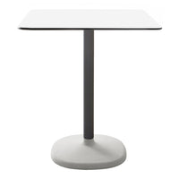 Modern square table featuring a white top and gray pole with a round base, ideal for minimalist decor.