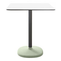 Square white tabletop with a sleek gray metal base and a soft green circular foot, minimalist design.