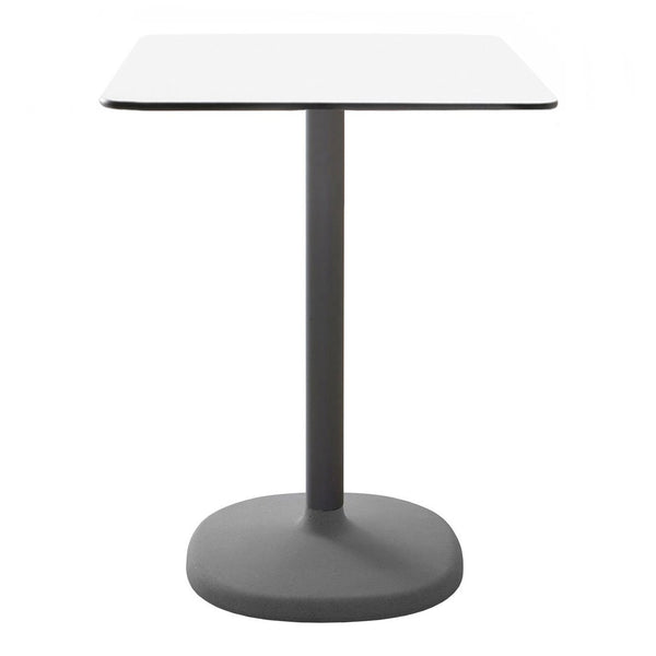 Square white tabletop with a sleek gray pedestal base, featuring a modern and minimalist design.