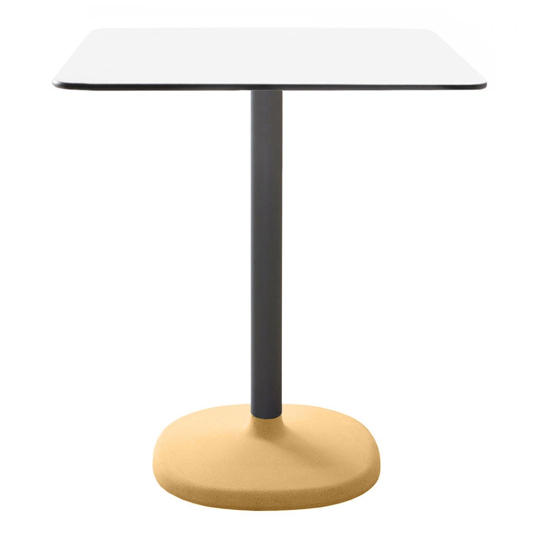 Modern square table with a white top, sleek black stem, and a round yellow base, perfect for stylish spaces.