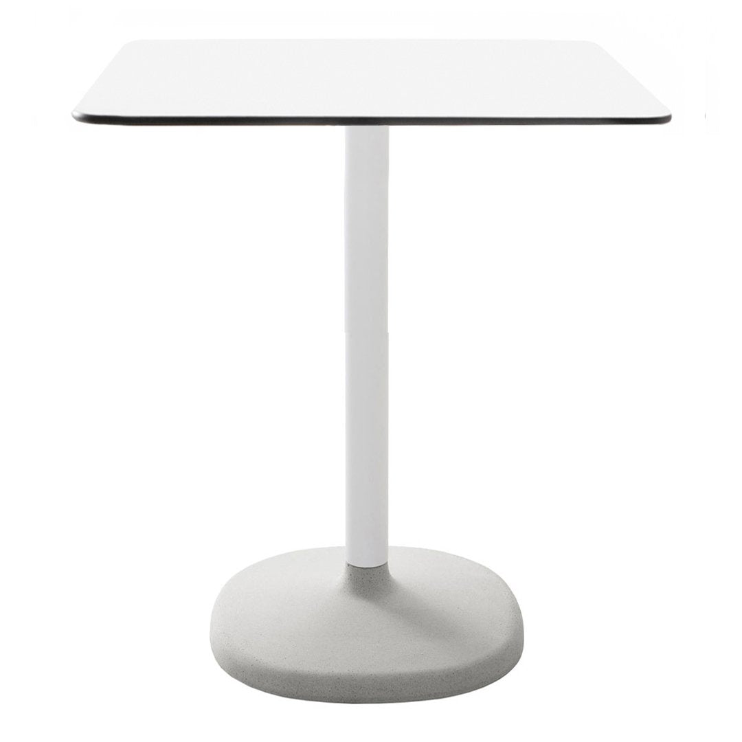 Modern square table with a sleek white top and a light gray base, featuring clean lines and minimalistic design.