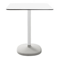 Modern square table with a sleek white top and a light gray base, featuring clean lines and minimalistic design.