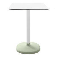 White square tabletop with a sleek black edge and a rounded mint green base, creating a modern color contrast.