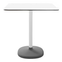 Square tabletop in white with a black edge, supported by a gray round base and white pole. Modern minimalist design.