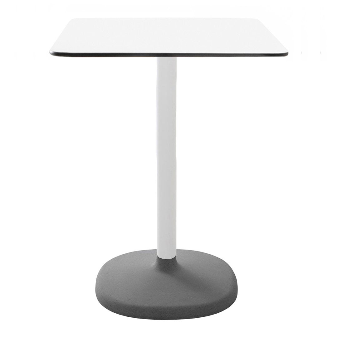 White square table with a sleek black trim and a sturdy gray base for a modern, minimalist look.