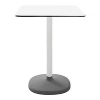 White square table with a sleek black trim and a sturdy gray base for a modern, minimalist look.