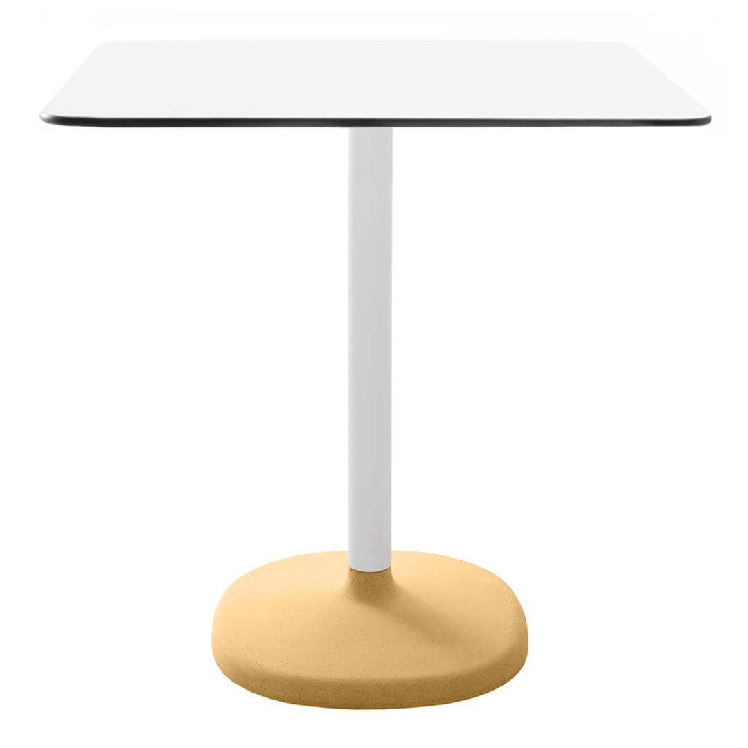 Modern square table featuring a sleek white top and a round yellow base with a clean white pole.