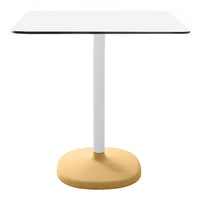 Modern square table featuring a sleek white top and a round yellow base with a clean white pole.