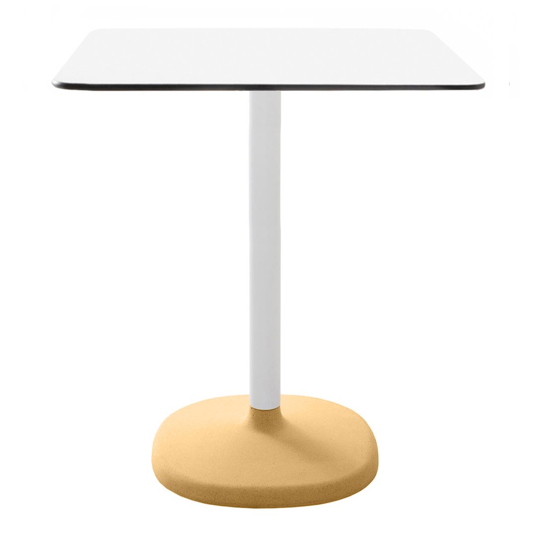 White square tabletop with a black edge and a round yellow base. Modern, minimalist design, perfect for any space.