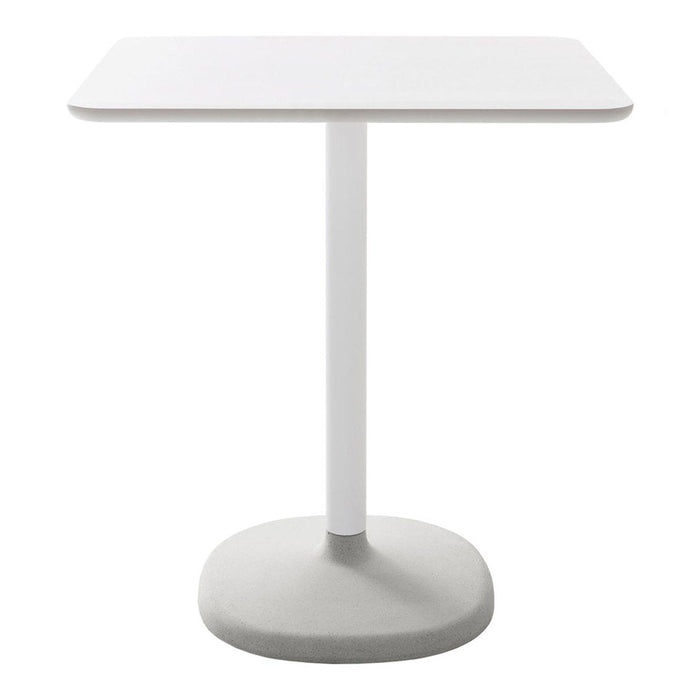 Modern white square table with a sleek gray base, perfect for minimalist decor.