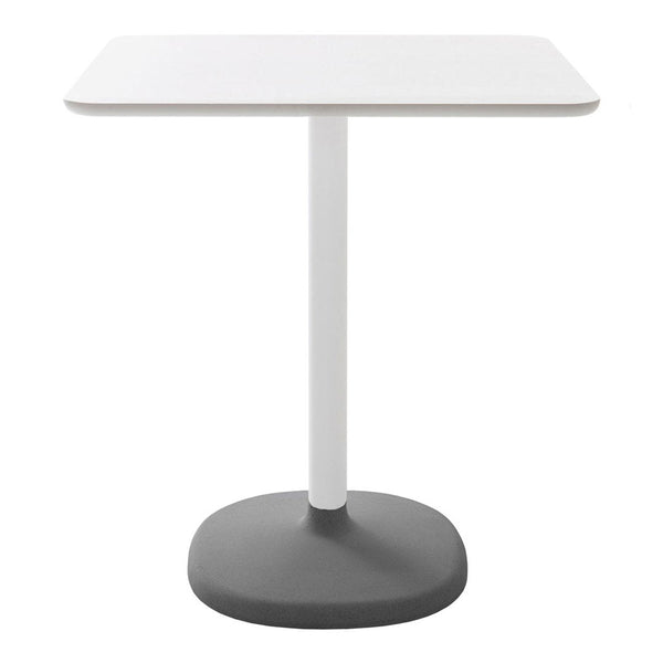Square white dining table with a sleek gray base and a minimalist design, perfect for modern spaces.