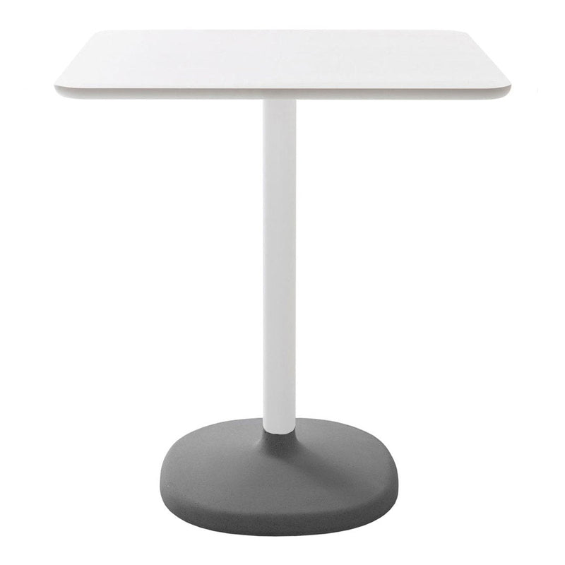 Square white dining table with a sleek gray base and a minimalist design, perfect for modern spaces.