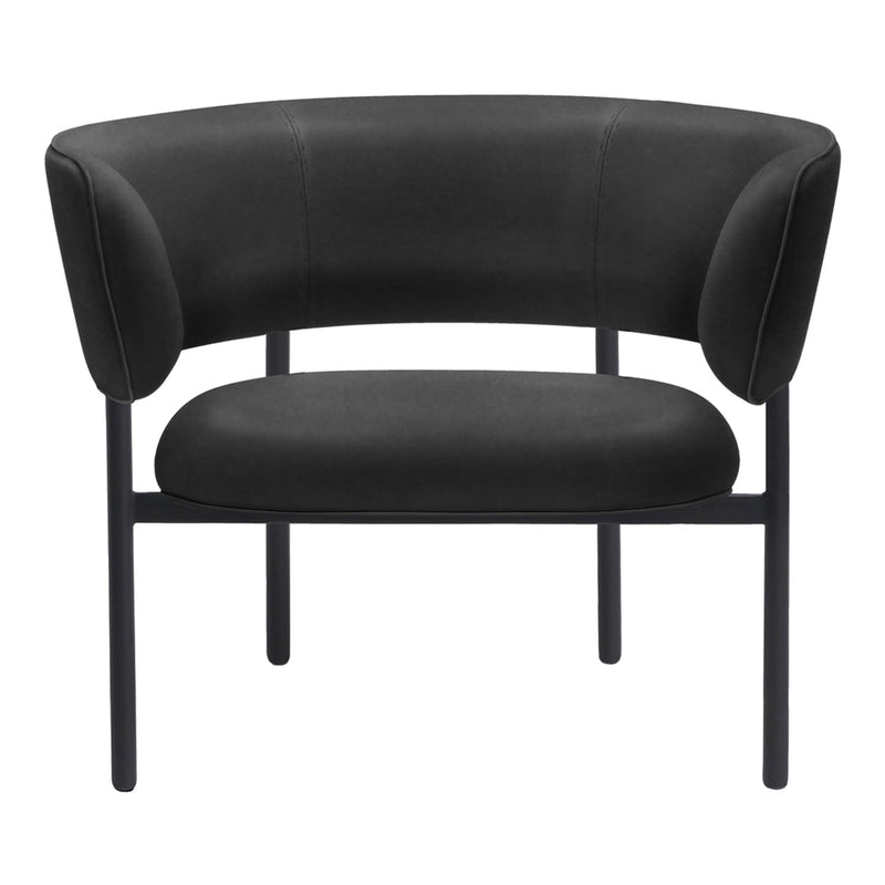 Black curved accent chair with a sleek, minimalist design and matte finish. Perfect for modern decor.