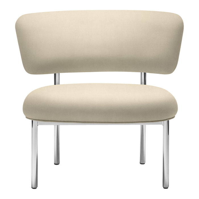 Beige upholstered chair with a smooth, curved back and chrome legs, showcasing a minimalist design.