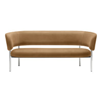 Modern curved sofa in warm brown velvet with sleek chrome legs, perfect for stylish interiors.