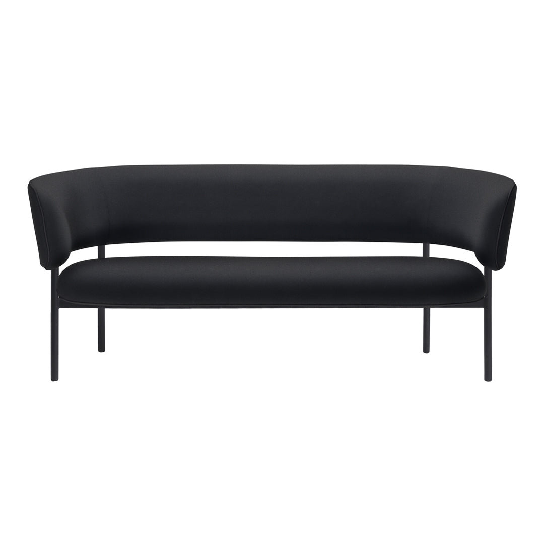 Modern black sofa with a sleek, curved design and minimalistic metal legs, perfect for contemporary decor.