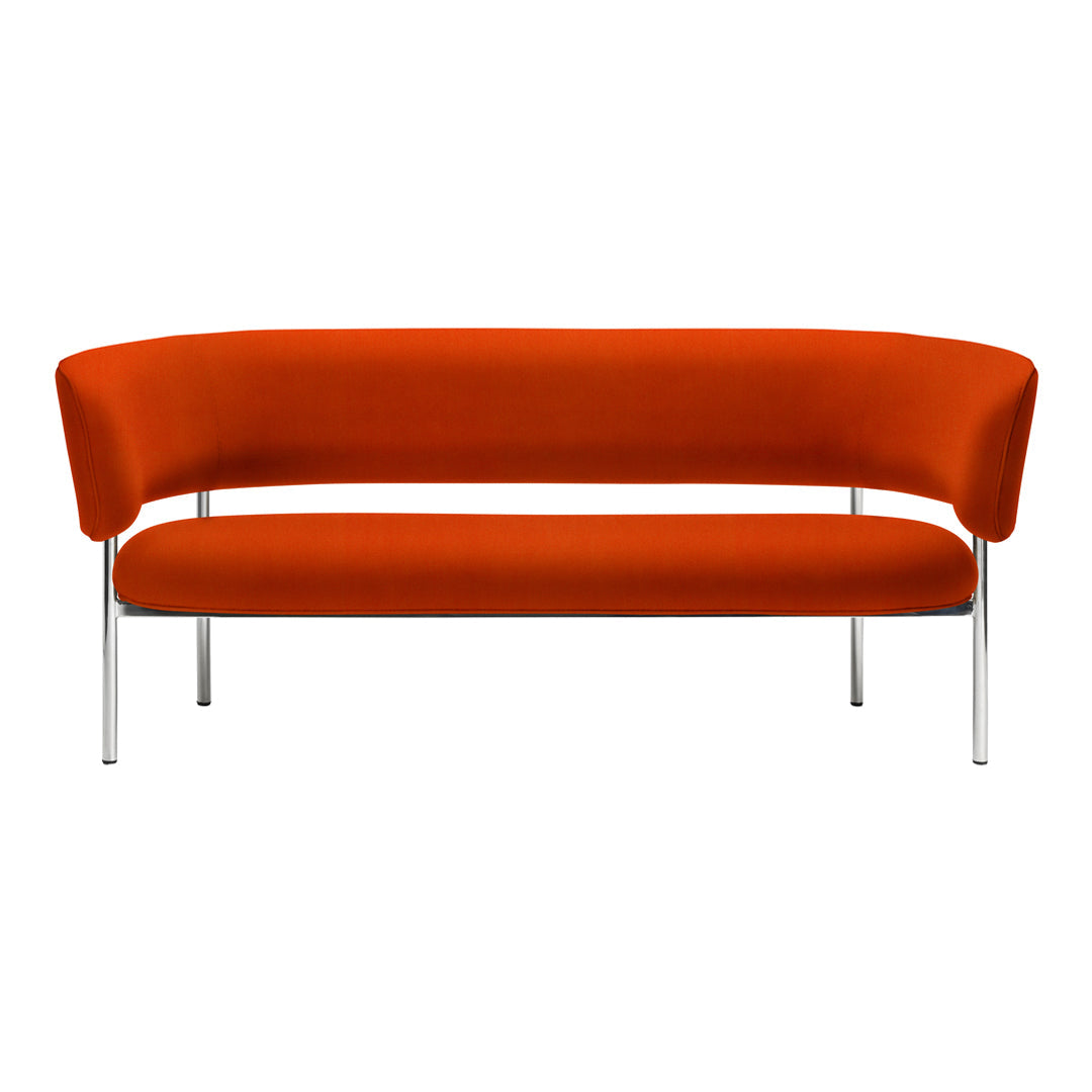 Stylish orange velvet sofa with a clean, curved design and sleek chrome legs, perfect for modern interiors.