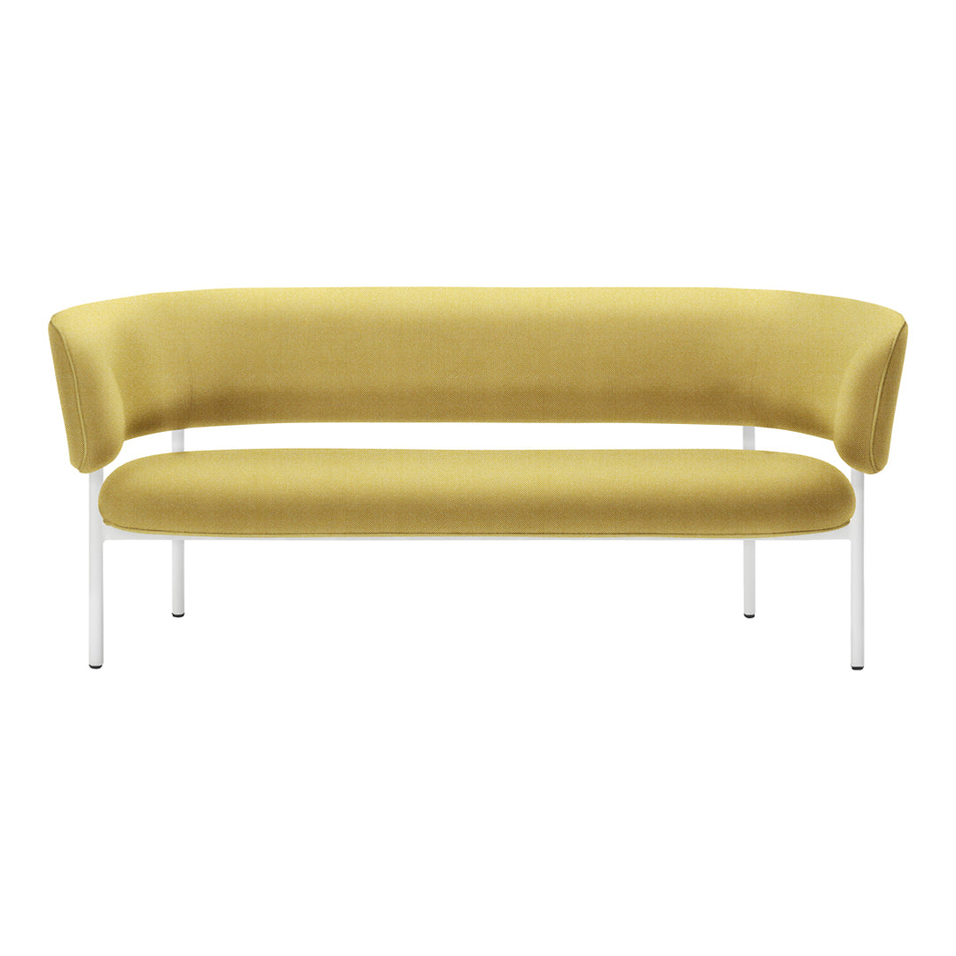 Yellow upholstered sofa with smooth, curved lines and a minimalist white metal frame. Perfect for modern decor.