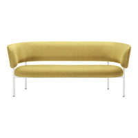Yellow upholstered sofa with smooth, curved lines and a minimalist white metal frame. Perfect for modern decor.