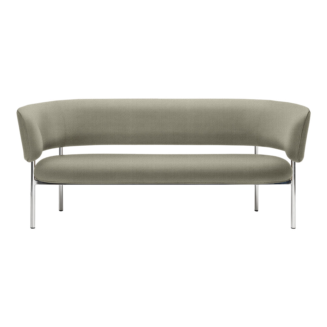 Curved gray sofa with a smooth, textured fabric and sleek chrome legs, ideal for modern living spaces.