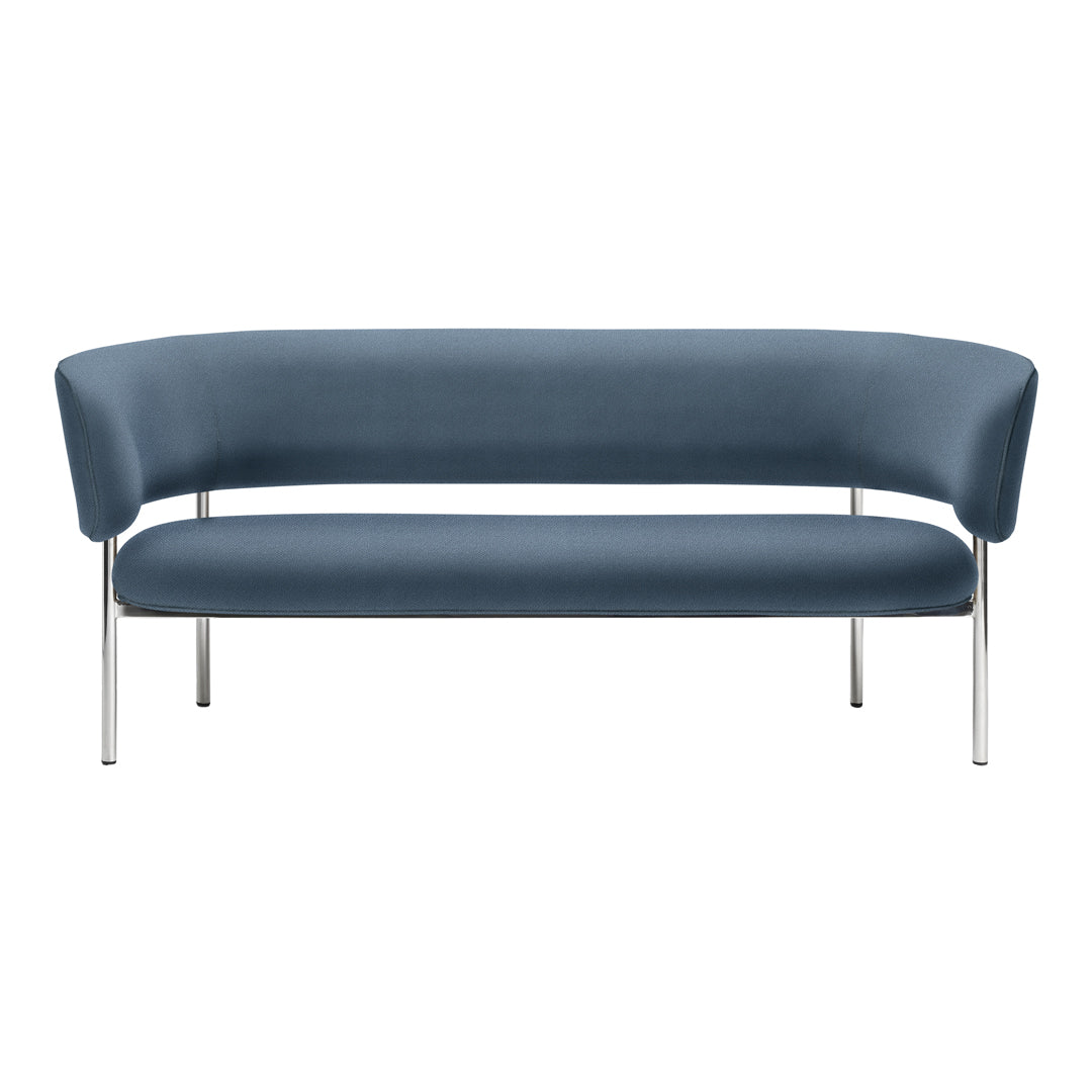 Sleek curved blue sofa with a smooth fabric finish and shiny chrome legs, ideal for modern living spaces.