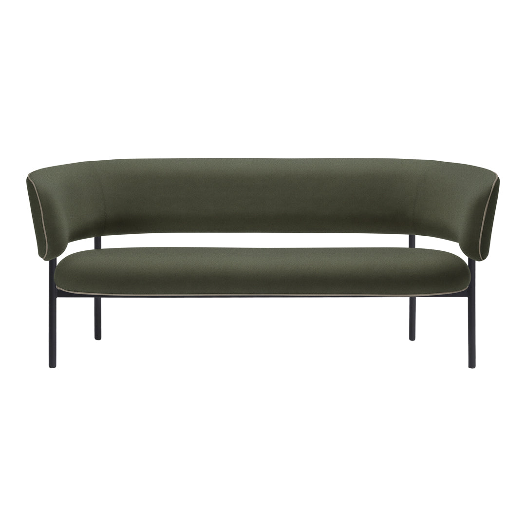 Olive green velvet sofa with a sleek black metal frame and curved arms, perfect for modern decor.