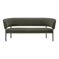 Olive green velvet sofa with a sleek black metal frame and curved arms, perfect for modern decor.