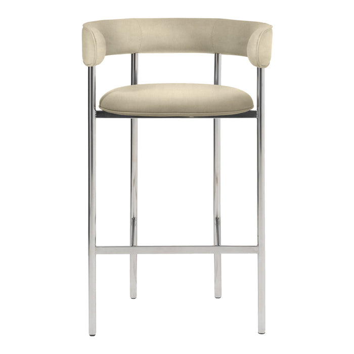 Cream velvet upholstered bar stool with chrome frame, minimalist design, and modern aesthetic.