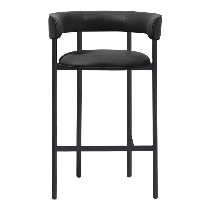 Black upholstered bar stool with a sleek, minimalist design and a matte black metal frame. Elegant and modern.