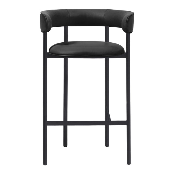 Black upholstered bar stool with a sleek black metal frame and minimalistic design.