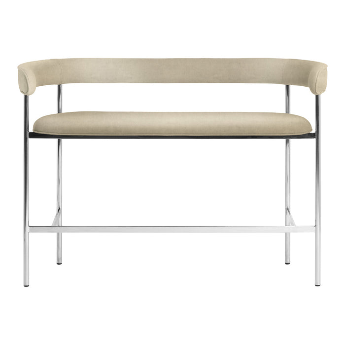 Beige upholstered bench with a sleek chrome frame, featuring a minimalist design and smooth curves.