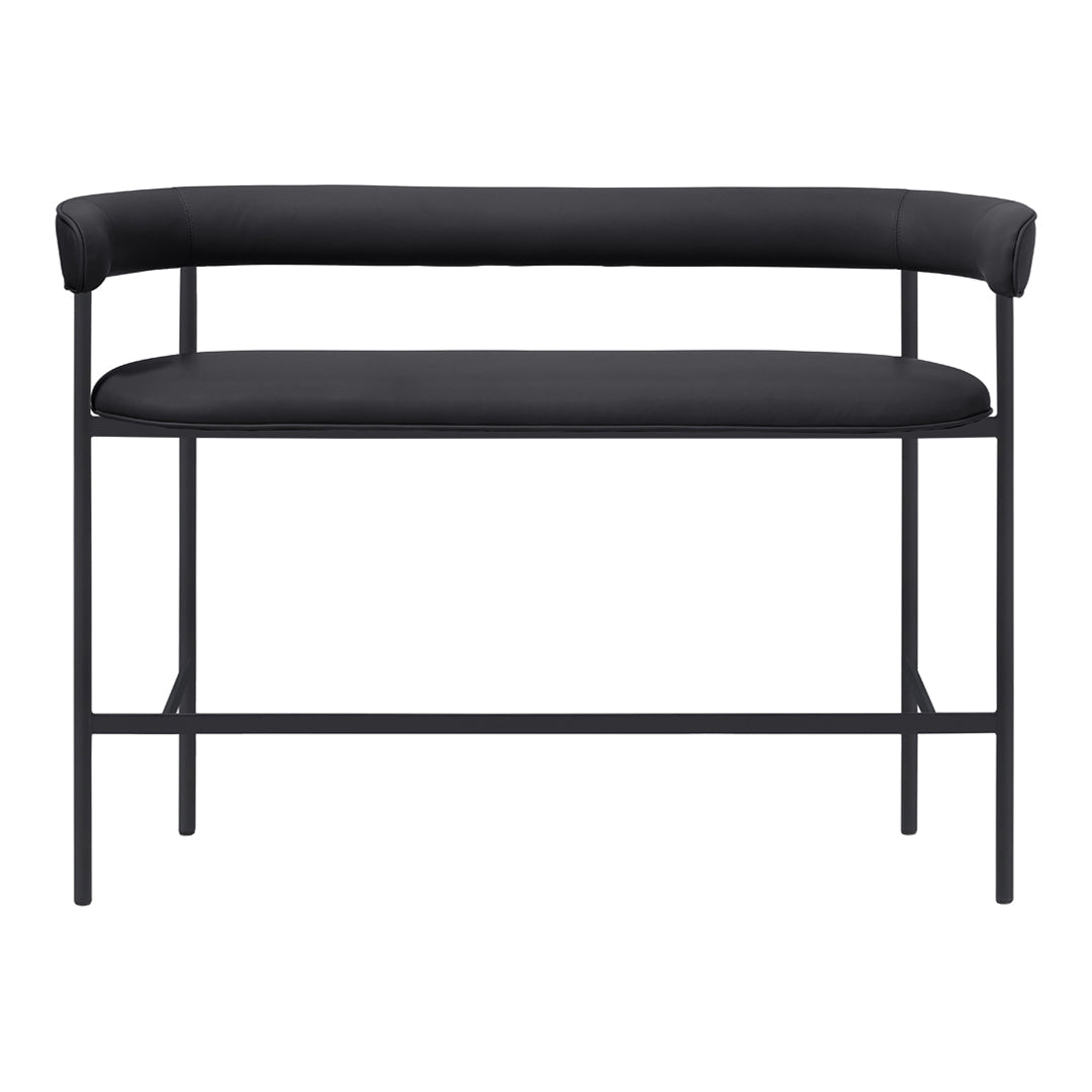 Modern black bench with a sleek metal frame and smooth, padded seat, featuring minimalist design and clean lines.