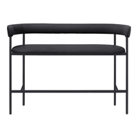 Modern black bench with a sleek metal frame and smooth, padded seat, featuring minimalist design and clean lines.