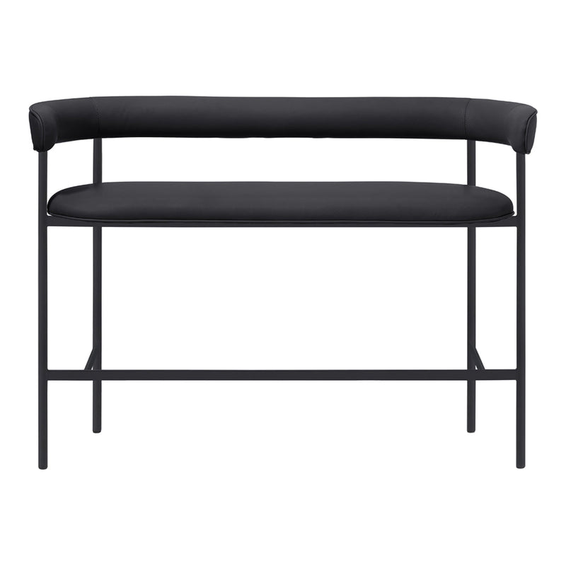 Modern black bench with a sleek metal frame and smooth, padded seat, featuring minimalist design and clean lines.