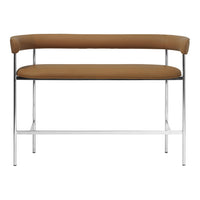 Brown leather bench with chrome frame, featuring a sleek, minimalist design and smooth, curved lines.