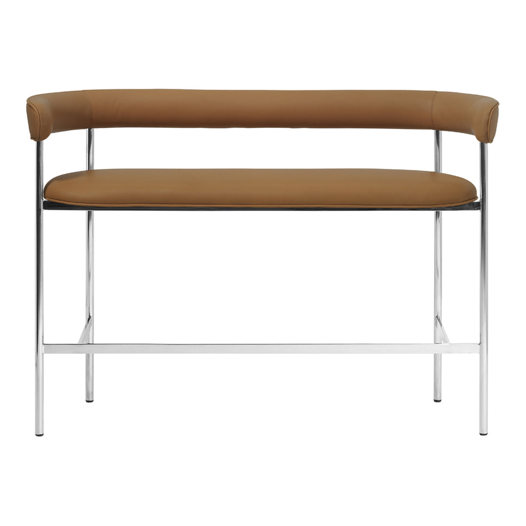 Brown upholstered bench with sleek chrome legs, featuring a modern minimalist design and clean lines.