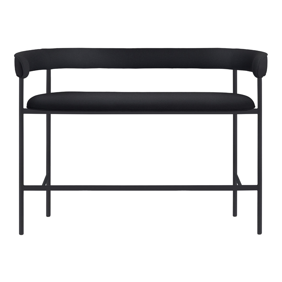 Elegant black bench with smooth upholstery and sleek metal frame, showcasing a modern minimalist design.